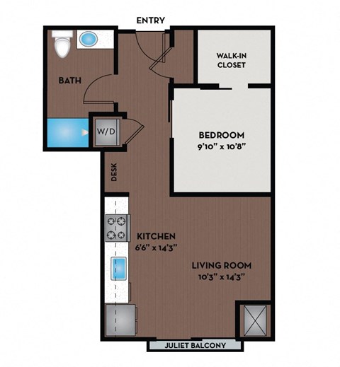 Floor plan for studio, 1 bath, 643 sqft